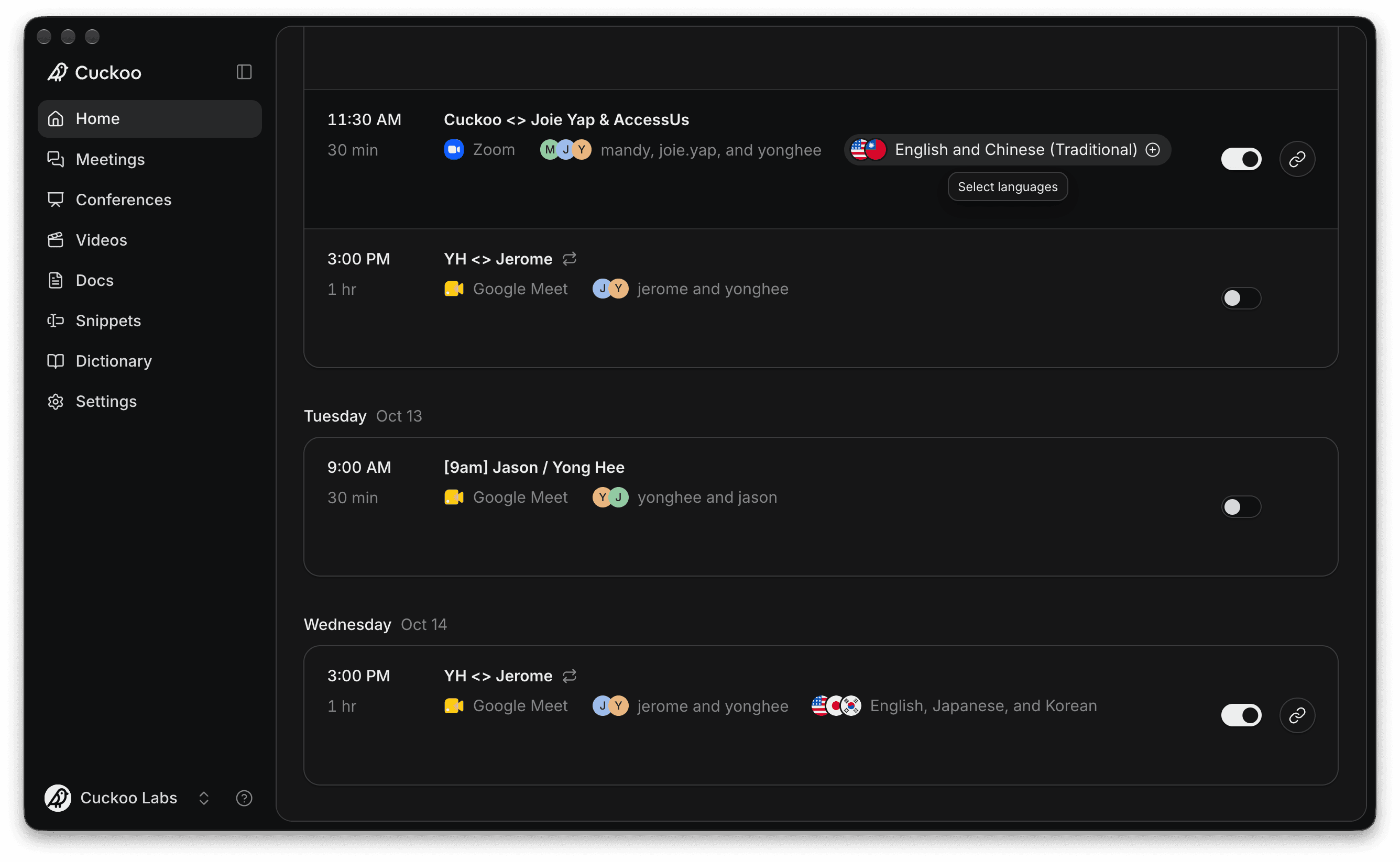 Cuckoo Home in dark mode listing upcoming Zoom and Google Meet meetings, each with its attendees, translation languages, a Cuckoo toggle, and a copy-link button