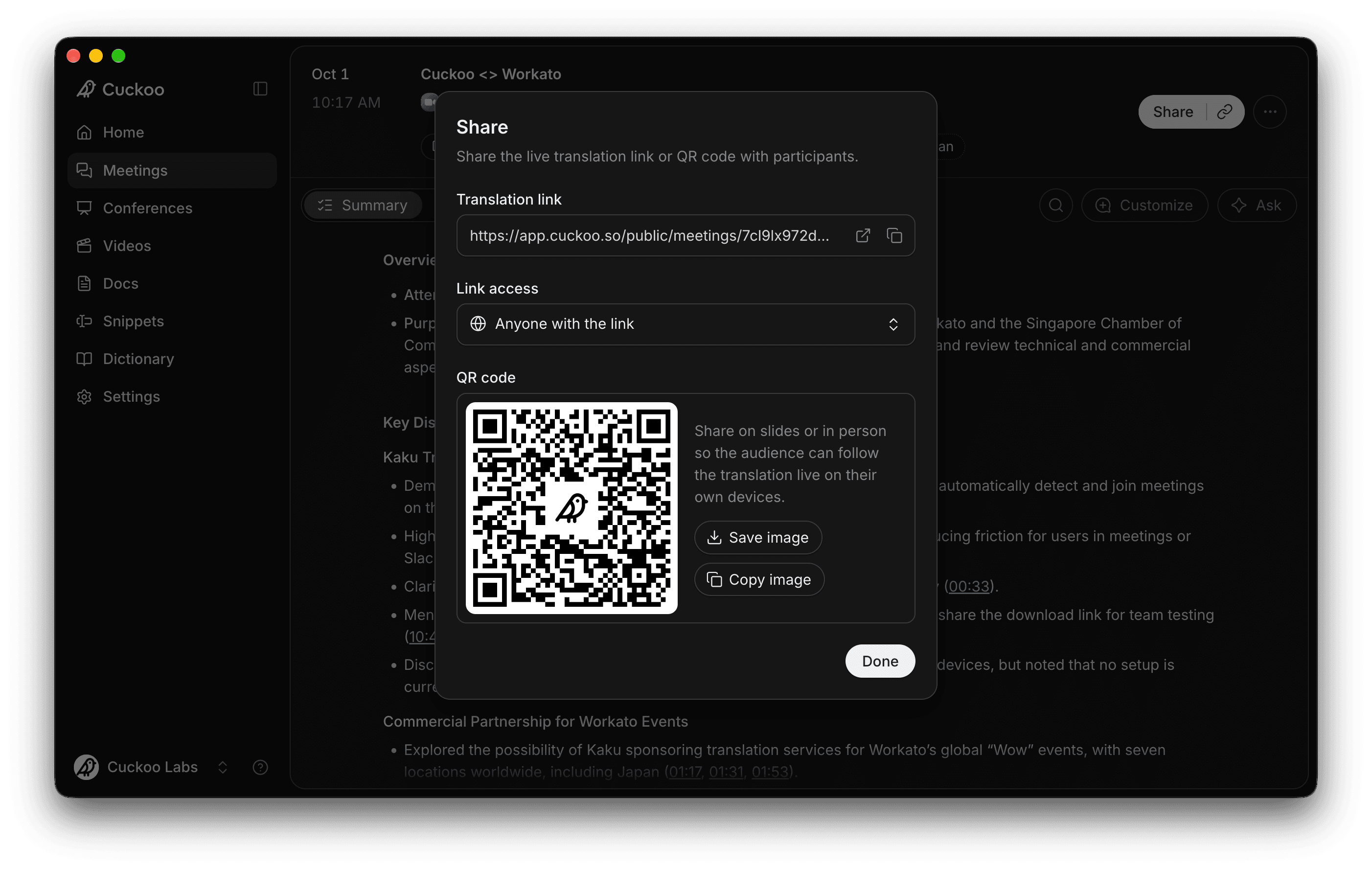 Cuckoo Share dialog with the live translation link, link access set to anyone with the link, and a QR code with Save image and Copy image buttons