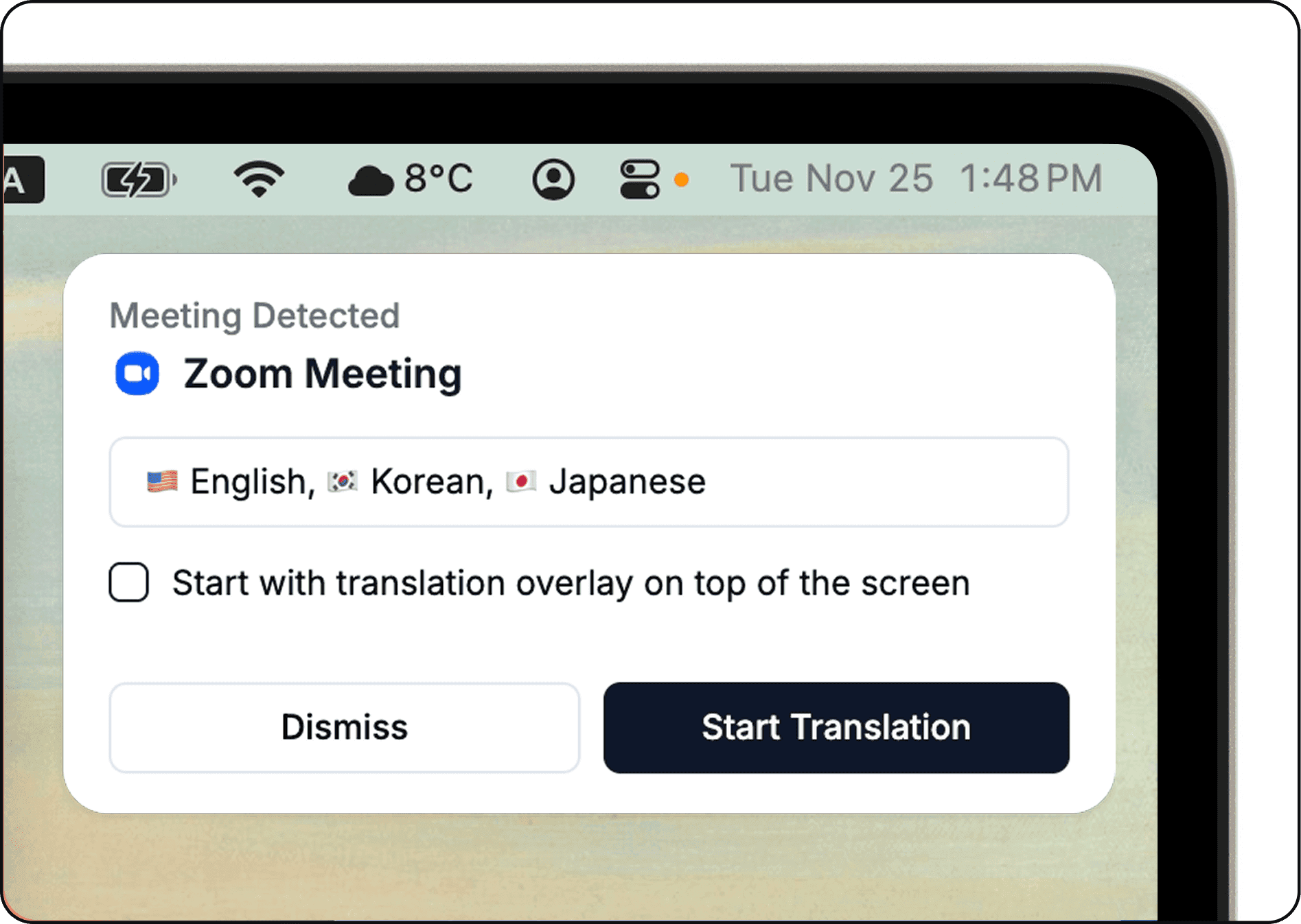 Cuckoo's Meeting Detected prompt for a Zoom meeting, offering to start translation in English, Korean, and Japanese