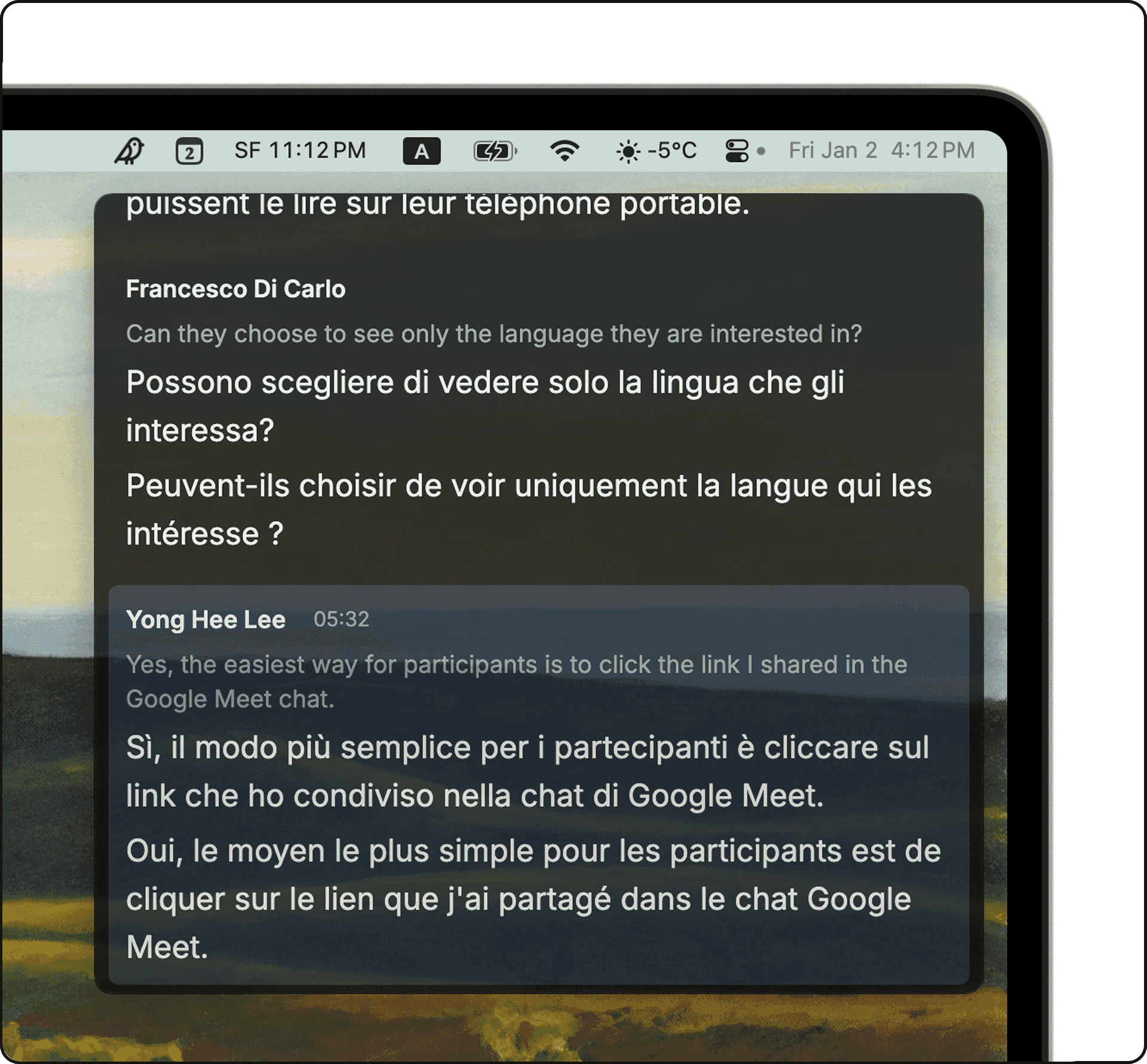 Transparent Cuckoo overlay showing live Italian and French translations of an English conversation