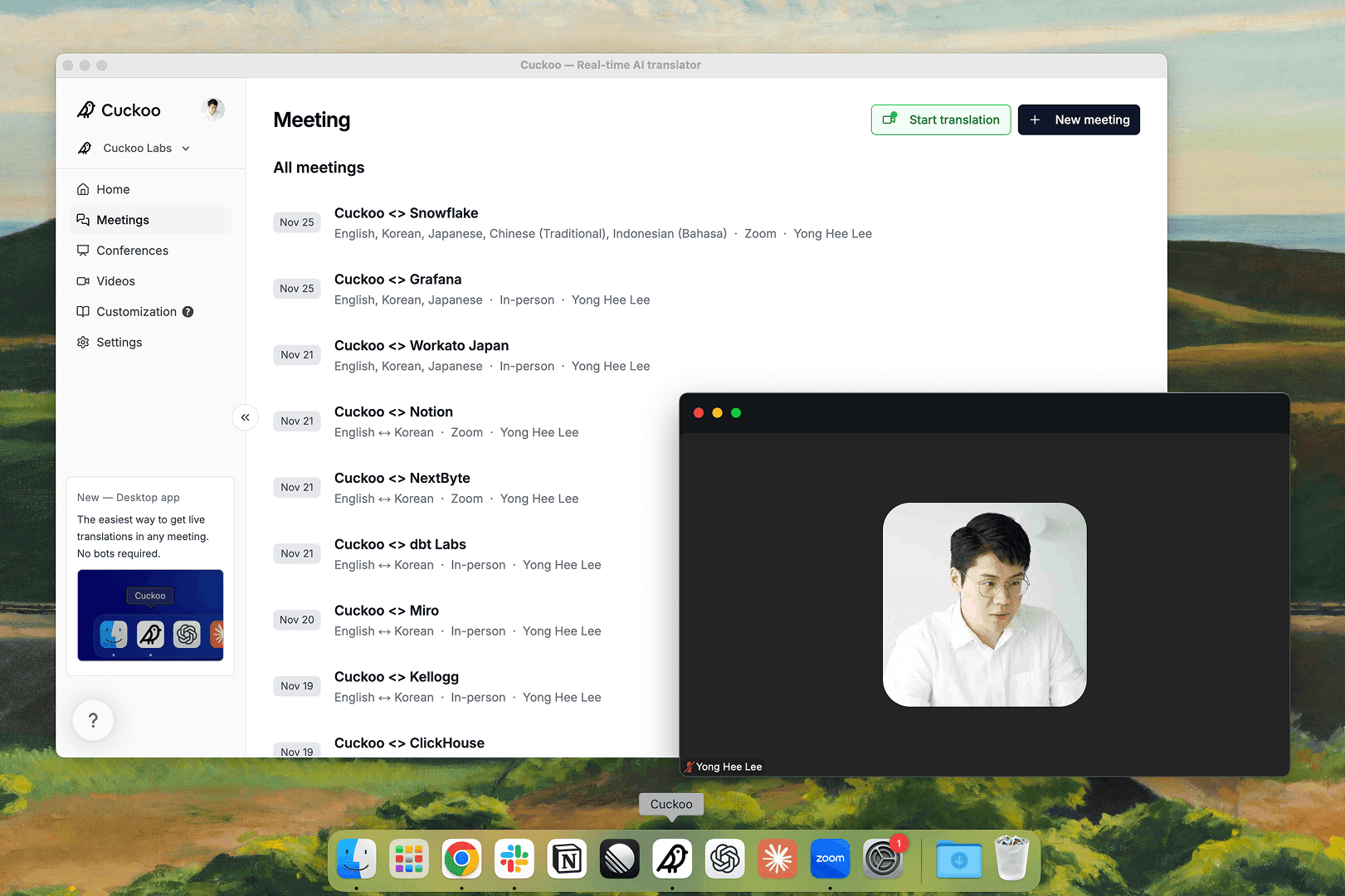 Cuckoo desktop app open next to a video call, with Cuckoo in the macOS dock