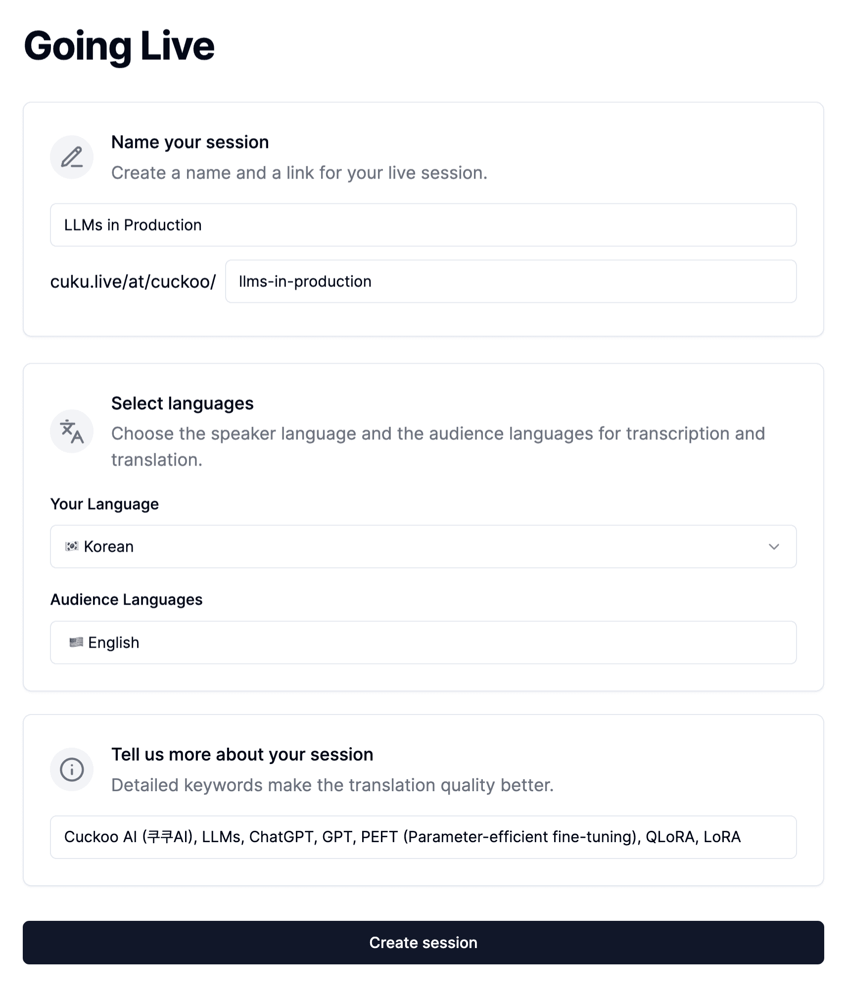Cuckoo's Going Live form for naming a session, choosing languages, and adding keywords