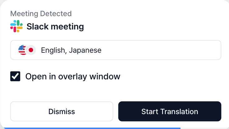Slack meeting notification with English and Japanese selected and a Start Translation button
